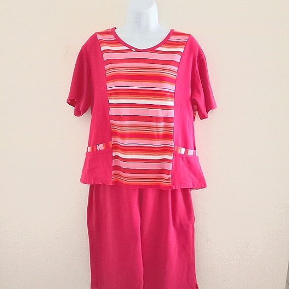 🎁 FREE GIFT INCLUDED 🎁NWOT Cotton Set Pants+Striped Blouse Tee Shirt w/Pockets - Picture 1 of 15
